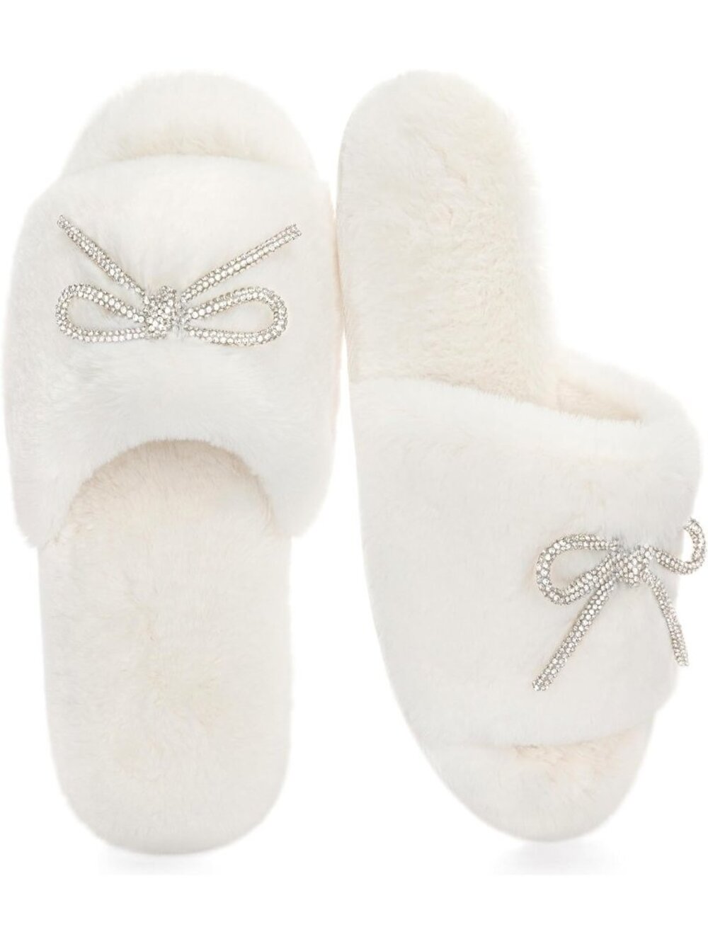 Women's White Fancy Fuzzy with Rhinestone Bowknot Comfy Fluffy Open Toe Slippers